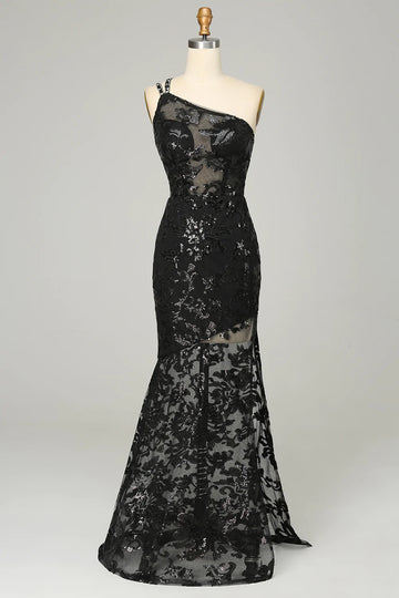 Black Sheath One Shoulder Backless Lace Long Ball Dress